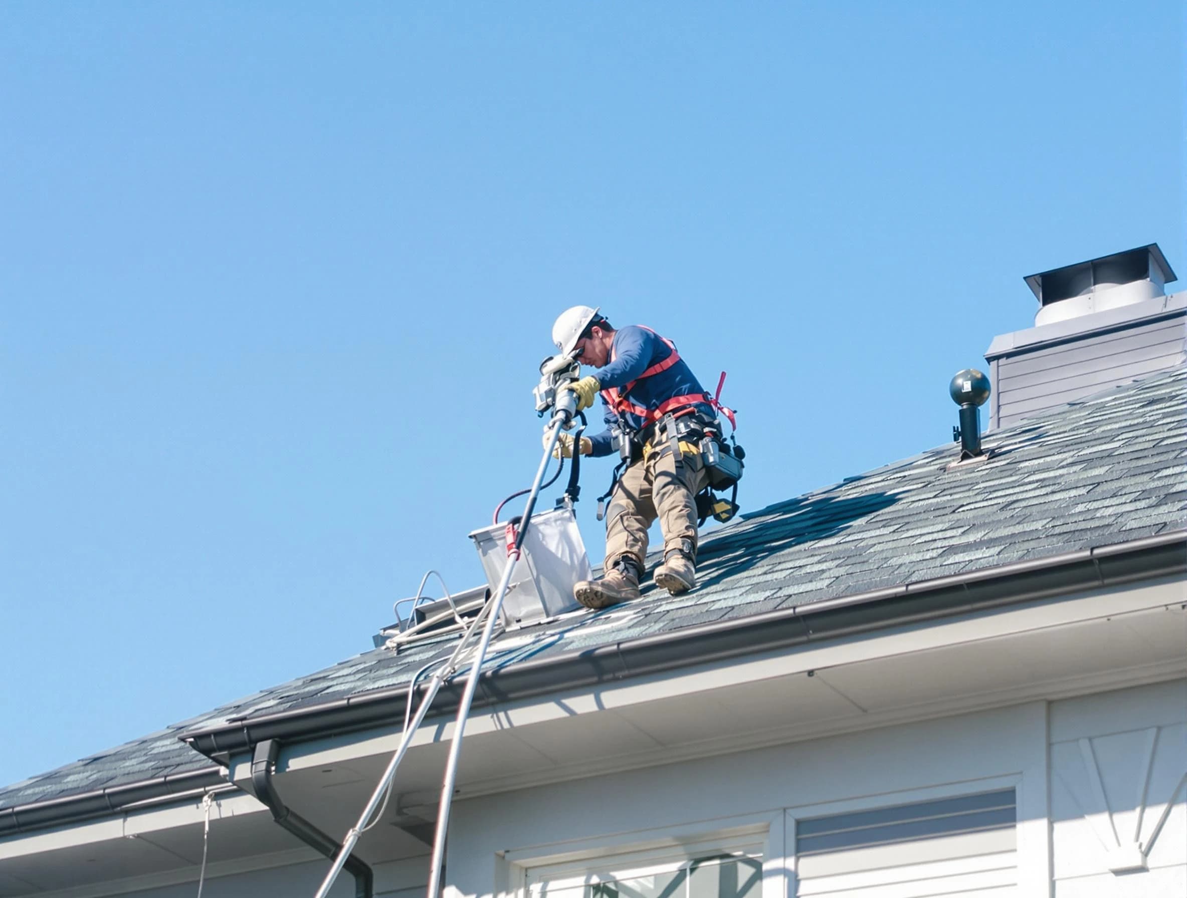 Brookhaven Dryer Vent Cleaning certified technician cleaning a roof-mounted dryer vent system in Brookhaven