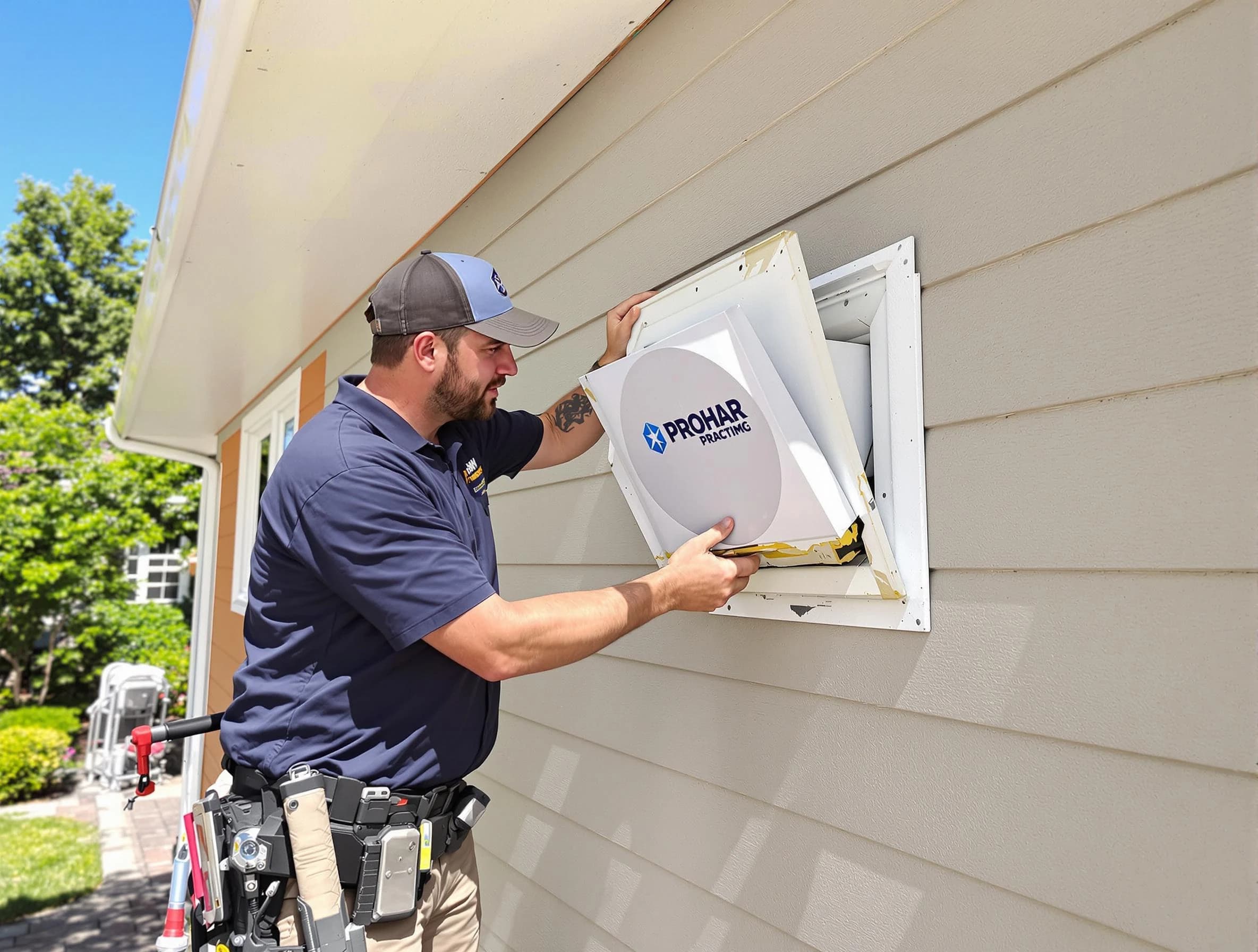 Brookhaven Dryer Vent Cleaning technician installing a new protective dryer vent cover on a home in Brookhaven