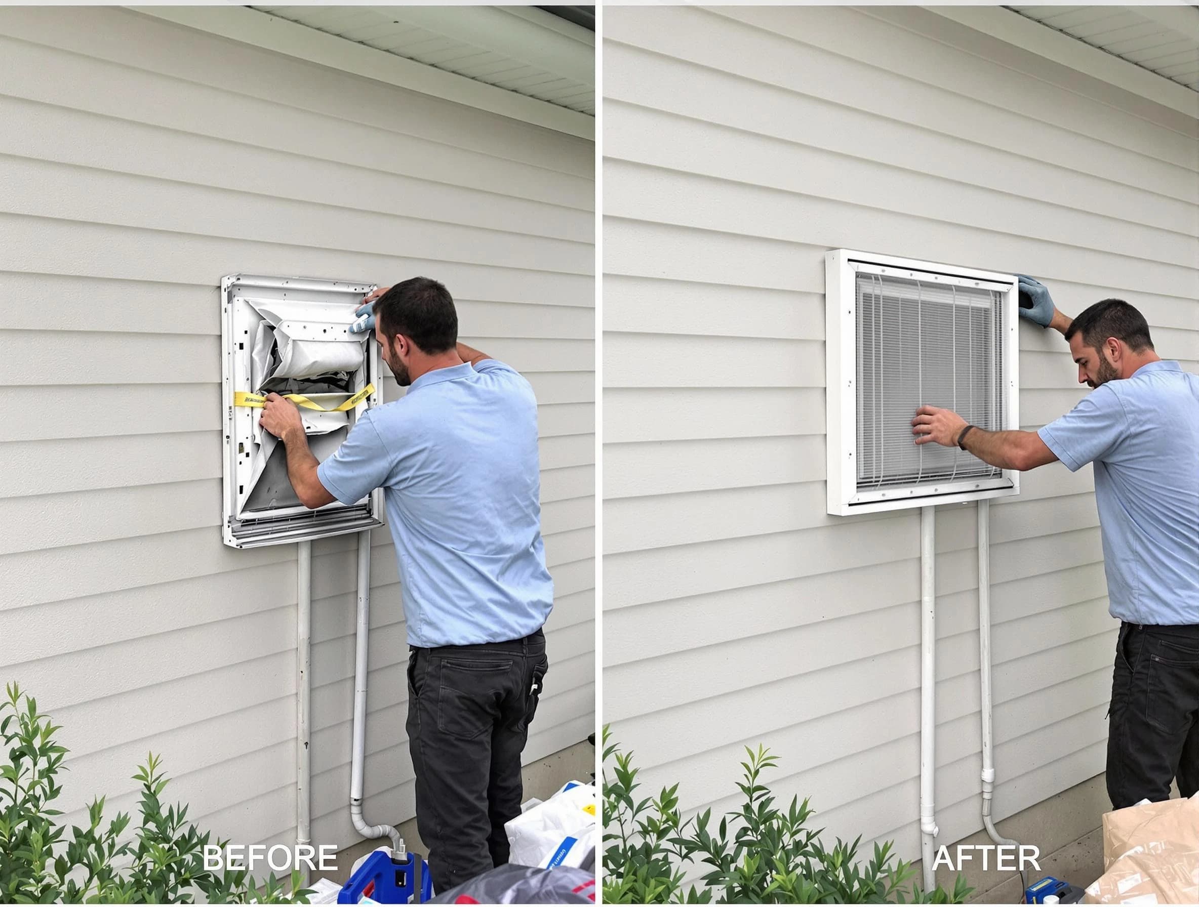 Brookhaven Dryer Vent Cleaning technician installing high-quality dryer vent cover at a residential property in Brookhaven