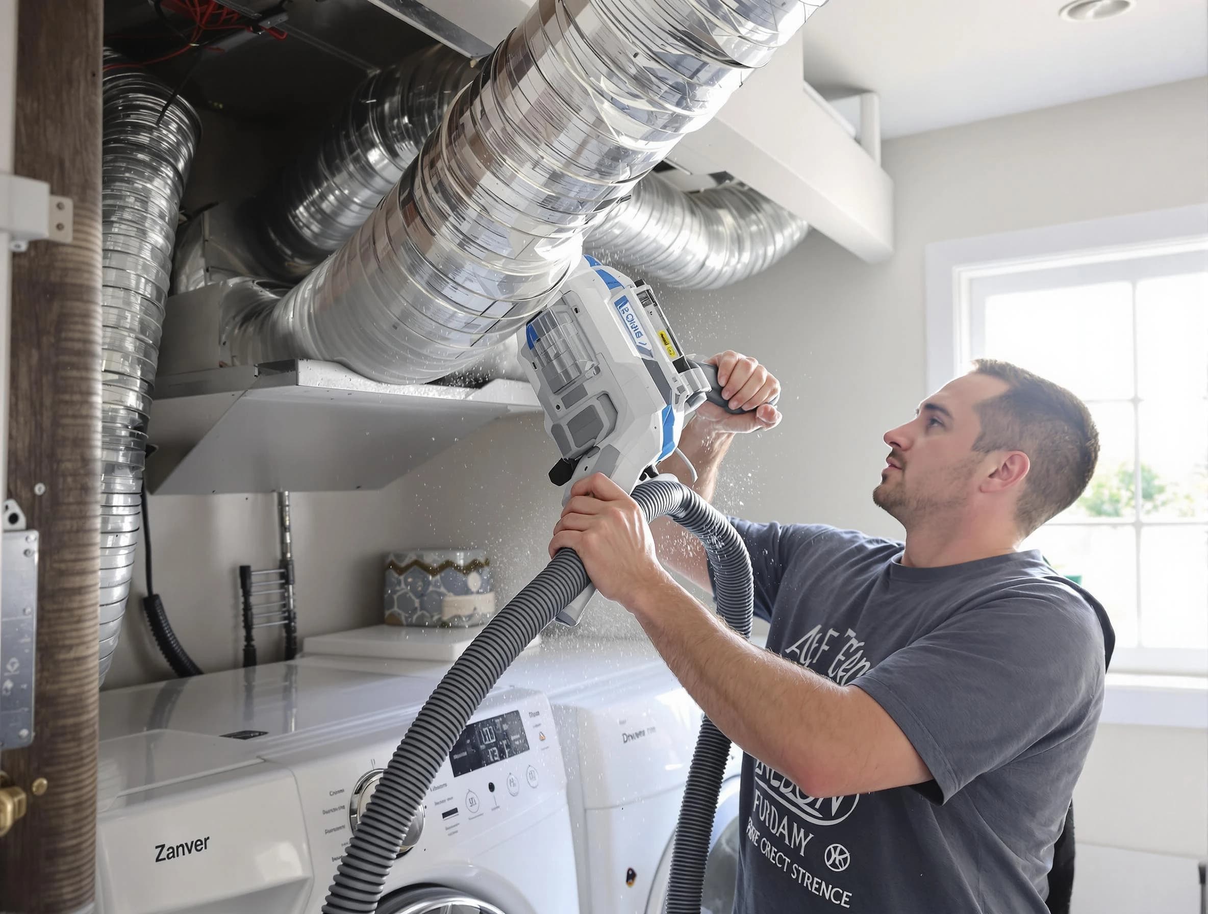 Brookhaven Dryer Vent Cleaning specialist cleaning deep within a dryer vent duct system in Brookhaven