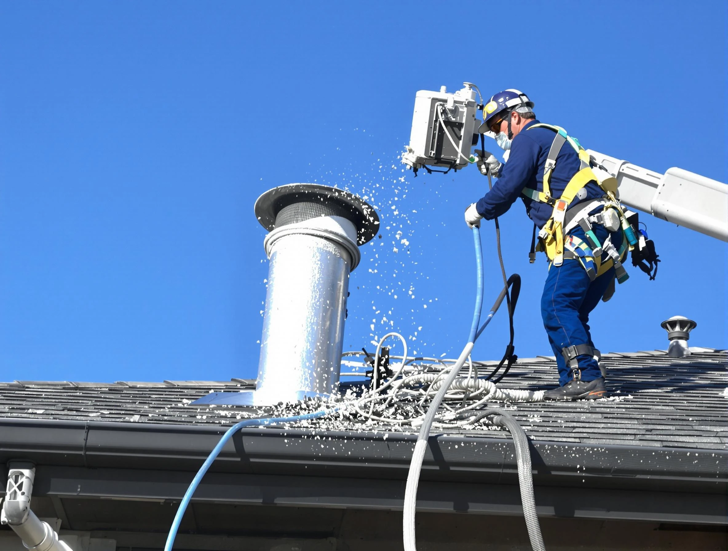 Brookhaven Dryer Vent Cleaning certified technician safely cleaning a roof-mounted dryer vent in Brookhaven